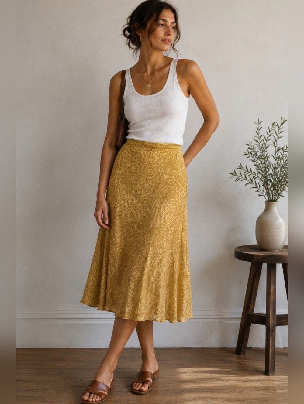 Lagenlook Cottagecore Fairycore 100% Silk Midi Skirt Flowy Boho Rustic Gold VTG